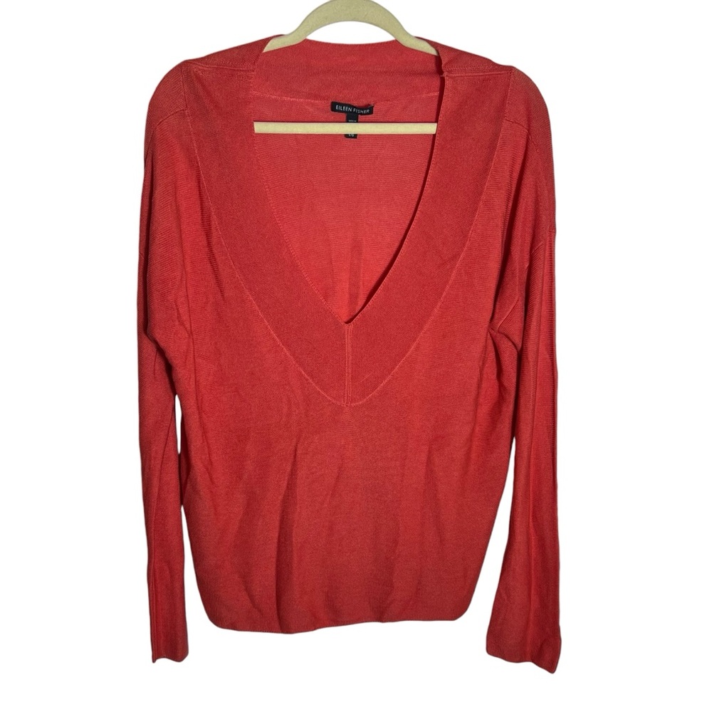 Eileen Fisher Silk/Tencel Box-Top V-Neck Sweater • Orange • Size Large